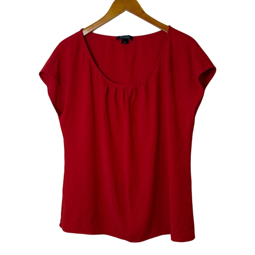 St John Women Blouse L Red Pleated Scoop Neck Cap Sleeve Luxury Career Classic
